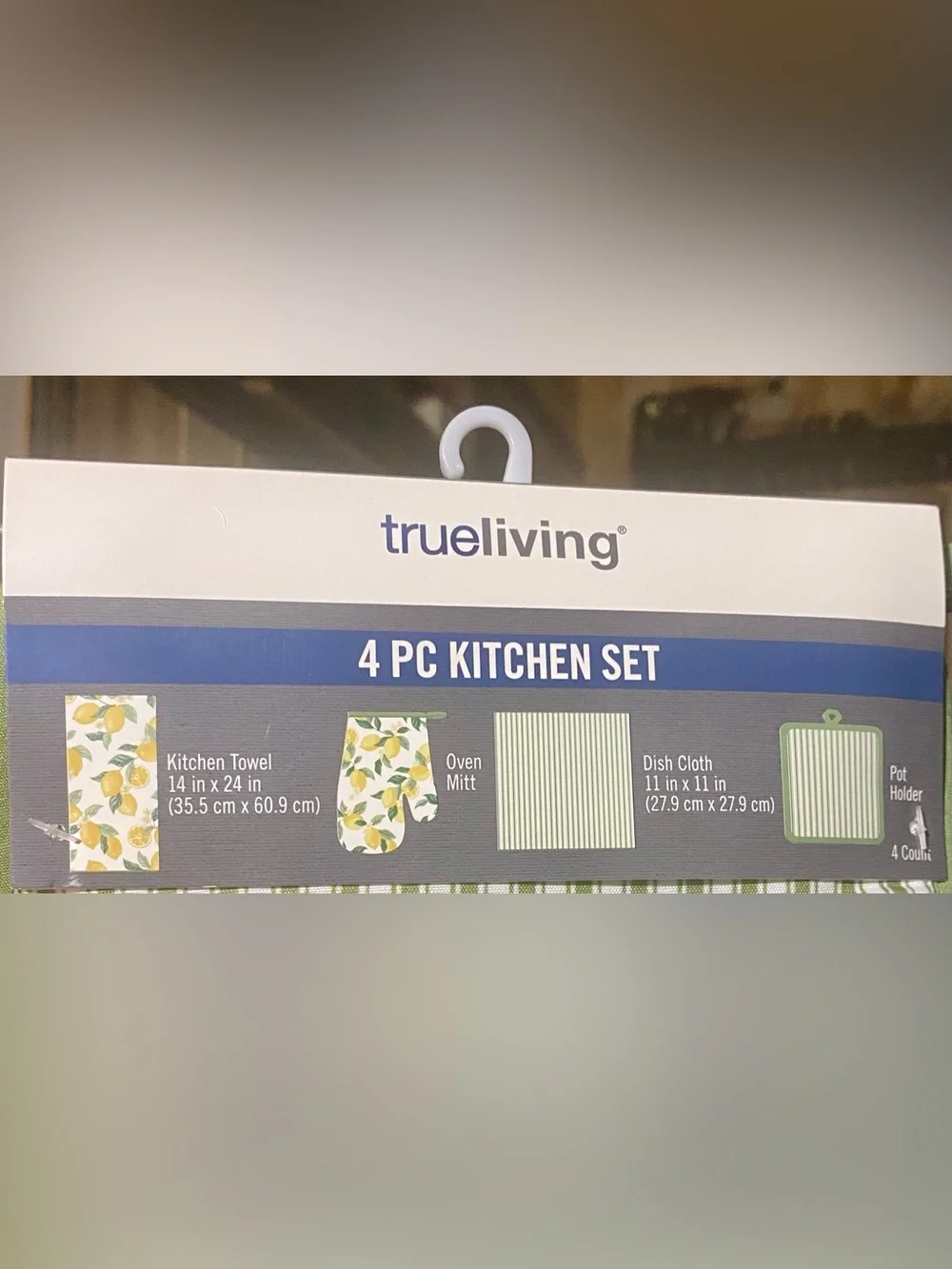 True Living 4-Piece Kitchen Set bright yellow lemon/green stripe pattern